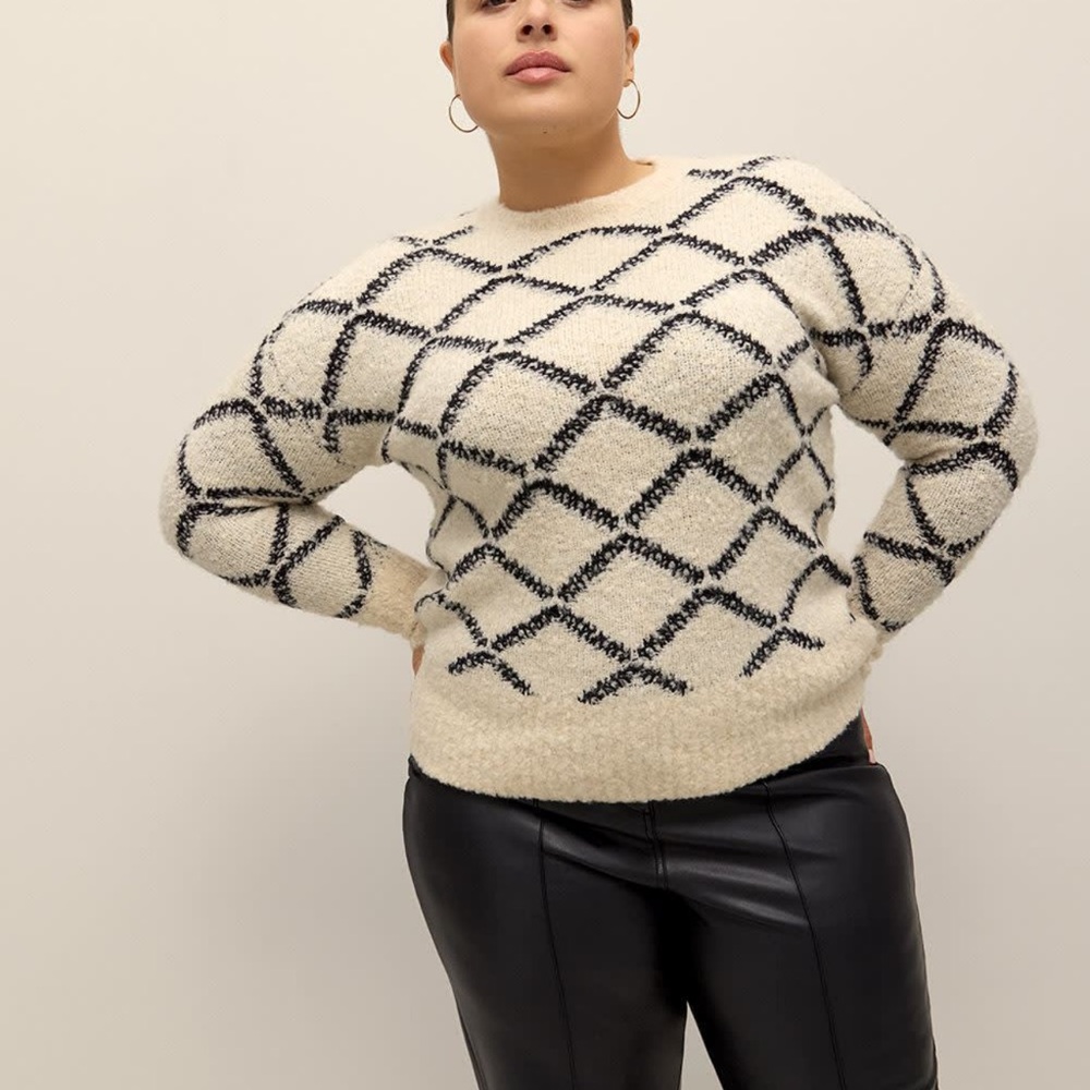 Addition Elle Cream and Black Crew Neck Sweater with Bold Pattern